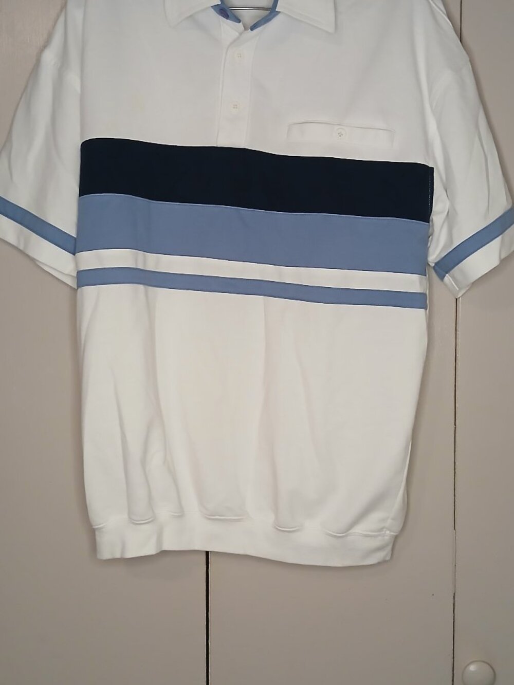 Safe Harbor Sportswear Men's Medium White Blue Striped Polo Shirt (0902G2